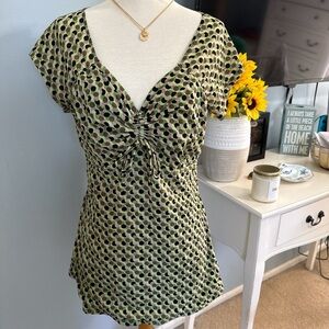 Style & Co. Olive and Black Polka Dot V-Neck Blouse